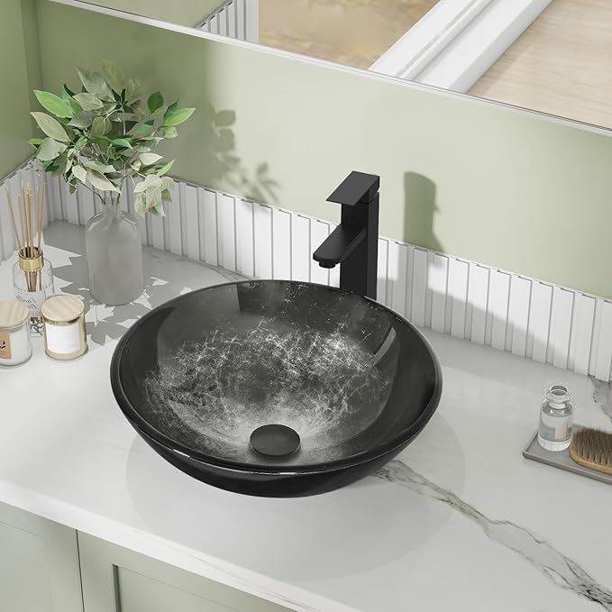 Bathroom Artistic Vessel Sink, Tempered Glass Vanity Round Bowl with Oil Rubber Bronze Faucet and Pop up drain Set, Black