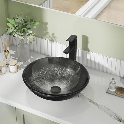 Bathroom Artistic Vessel Sink, Tempered Glass Vanity Round Bowl with Oil Rubber Bronze Faucet and Pop up drain Set, Black