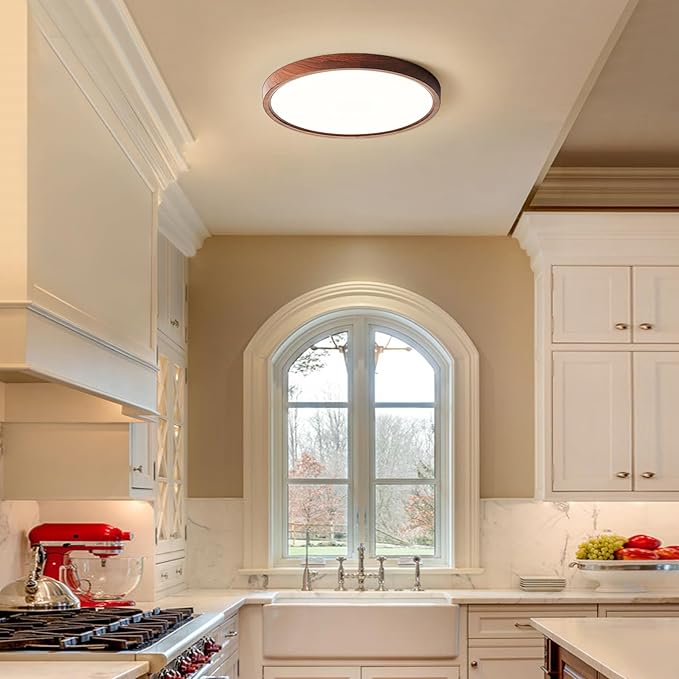 HEYAN Walnut Wood Flush Mount Ceiling Light Fixture,12 Inch Dimmable LED Ceiling Light with 3000K-4000K-6000K Selectable Flat Low Profile Round Ceiling Lights for Bedroom Hallway Laundry (1 Pack)