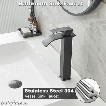 Vessel Sink Faucet Waterfall Bathroom Faucet Matte Black Stainless Steel Tall Single Handle One Hole Deck Mount Bowl Vanity Sink Faucet with Pop-up Drain Stopper
