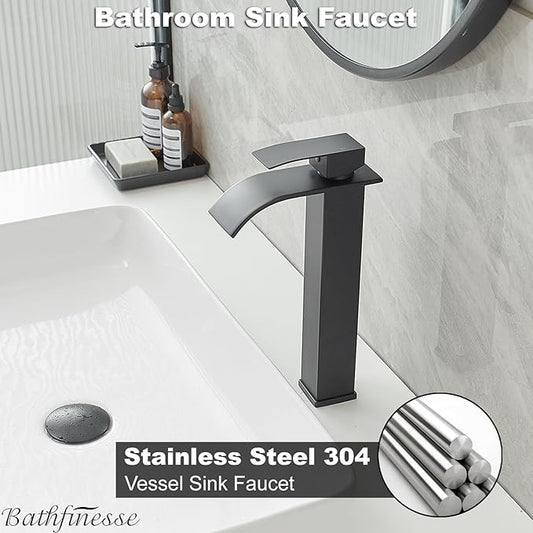 Vessel Sink Faucet Waterfall Bathroom Faucet Matte Black Stainless Steel Tall Single Handle One Hole Deck Mount Bowl Vanity Sink Faucet with Pop-up Drain Stopper