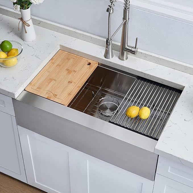 SHACO 33 Inch Stainless Steel Farmhouse Sink, 33x20 Single Bowl Ledge Workstation Flat Apron Front Farm Kitchen Sink with Cutting Board, Brushed Nickel