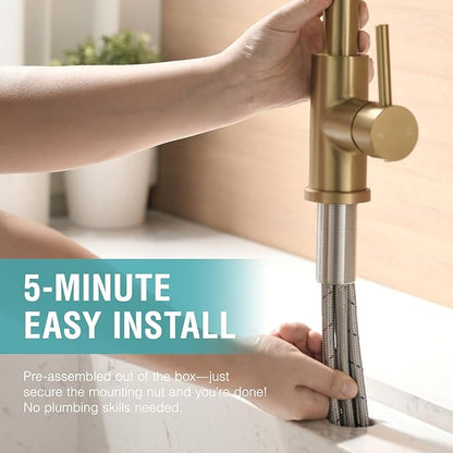 Cenosa Modern Bar Sink Faucet for Kitchen Sink Single Handle with Pull Out Sprayer Hot and Cold Prep Sink Faucet Brushed Gold
