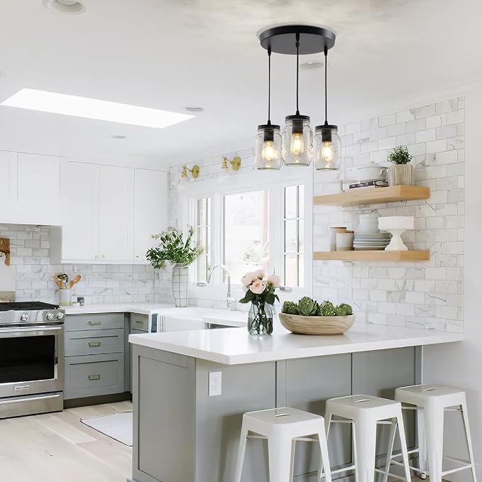 Mason Jar Light Fixtures, 3 Lights Farmhouse Mason Jar Pendant Light, Glass Jar Chandelier Country Adjustable Hanging Ceiling Lighting for Kitchen Dining Room Hallway