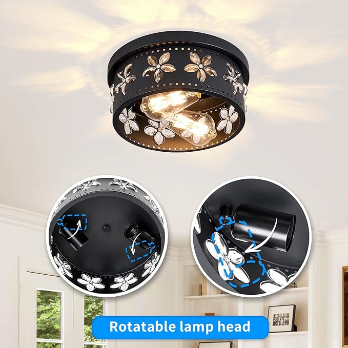 10.6 inch Black Flush Mount Ceiling Light Fixtures, 2-Light Ceiling Mount for Industrial, Crystal Light Fixtures for Farmhouse, Bedroom, Living Room, Kitchen, Hallway and Foyer (1 Pack)