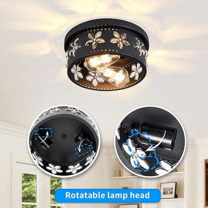 10.6 inch Black Flush Mount Ceiling Light Fixtures, 2-Light Ceiling Mount for Industrial, Crystal Light Fixtures for Farmhouse, Bedroom, Living Room, Kitchen, Hallway and Foyer (1 Pack)