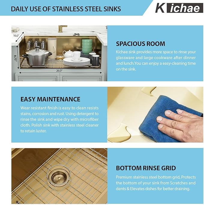 28 Gold Kitchen Sink - Kichae 28"x18" Gold Undermount Kitchen Sink Stainless Steel 16 Gauge Ledge Workstation Single Bowl Deep Round Corner Handmade Basin For Luxury Kitchens