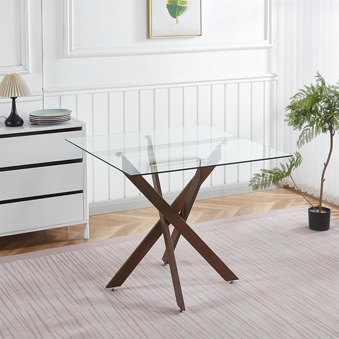 36'' Square Glass Dining Table for 2-4, X-Shape Walnut Metal Legs, Glass Tea Table Square Kitchen Table for Small Space