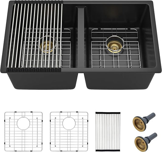 33"x19" Granite Composite Kitchen Sink Double Bowl - Matte Black Undermount 50/50 Split Bowl Granite Quartz Classic Under Counter Sink Basin