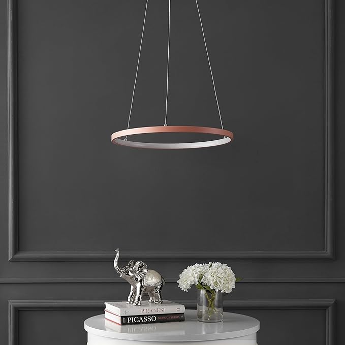 JONATHAN Y 15.75" Matte Pink Modern Integrated LED Pendant Light, Dimmable Round Hoop Chandelier for Kitchen Island, Dining Room, Adjustable Height Metal Hanging Light (JYL7202B)