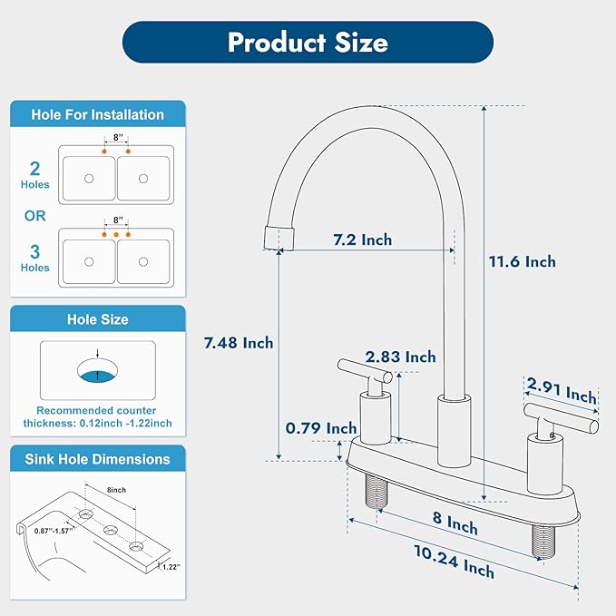 Kitchen Faucets, High Arc 360°Rotating Spout Kitchen Sink Faucet 2 Handle 8 Inch Centerset RV Kitchen Faucet with Supply Lines, 3 Hole Kitchen Faucet Without Side Sprayer, Brushed Nickel