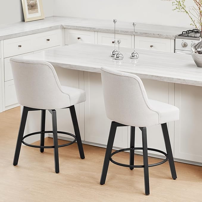 KISLOT Swivel Counter Height Bar Stools Set of 4, 26" Upholstered Fabric Barstools with Back, Thick Seat and Square Solid Wood Legs for Kitchen Island Home Bar, Beige