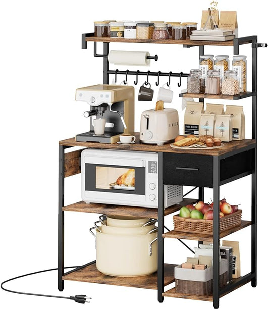 VEVOR Kitchen Bakers Rack with Power Outlets, 31.5 x 15.7 x 55.1 Inch Microwave Stand with Built-in Power Strip & 4.6 Ft Cord, 8 S-Shaped Hooks, for Dish Storage, Spice Jars, Coffee Bar Organization