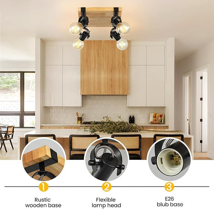 SEEBLEN Farmhouse Wooden Flush Mount Ceiling Lamp,4-Light Directional Ceiling Spotlight Track Light Kits,Rustic Farmhouse Kitchen Light Fixtures for Kitchen Bathroom Bedroom Hallway.