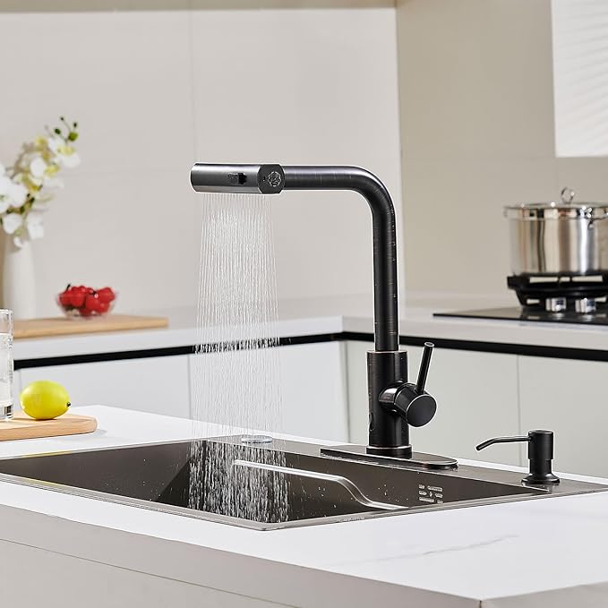AVSIILE Touchless Kitchen Faucets with Pull Down Sprayer & Soap Dispenser, Single Hole & Handle, Oil Rubbed Bronze Pull Out Waterfall Sink Faucet Suitable for Farmhouse Camper Laundry Rv