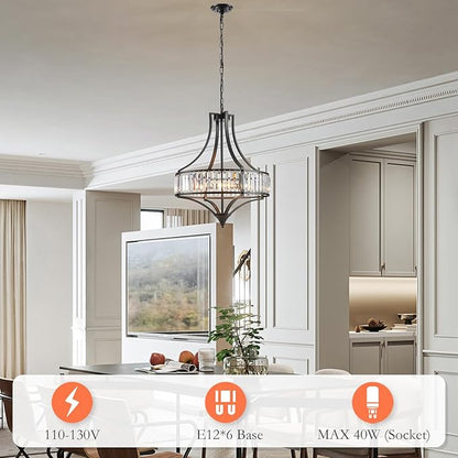 Crystal Chandeliers for Dining Room Rustic Farmhouse Chandelier with Round Metal Shade 6-Light Black Large Crystal Light Fixture for Kitchen Island Hallway Bedroom Home Office