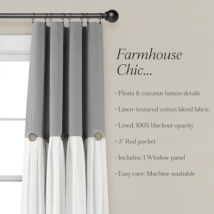Lush Decor Linen Button Window Curtain Panel, Single, 40" W x 84" L, Dark Gray & White - Country Curtains - Rustic Decor - Color Block Modern Farmhouse Curtains For Living Room, Bedroom & Dining Room