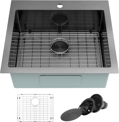 Black Kitchen Sink 25"x22",Drop In Laundry Utility Sink,25 Inch Black Sink 16 Gauge Stainless Steel,Top Mount Single Bowl Deep Kitchen Sinks