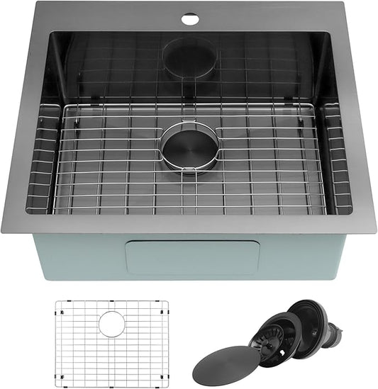 Black Kitchen Sink 25"x22",Drop In Laundry Utility Sink,25 Inch Black Sink 16 Gauge Stainless Steel,Top Mount Single Bowl Deep Kitchen Sinks