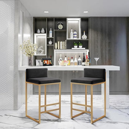 Velvet Stools with Low Back Mid-Century Upholstered Armless Chairs for Kitchen Island Home Pub Grey + Gold Sitting Height 65cm (Black + Gold 25.6in)
