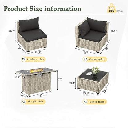 UDPATIO Patio Furniture Set with Fire Pit Table, 8 Pieces Outdoor Sectional Sofa, PE Wicker Patio Conversation Set for Garden, Backyard Black