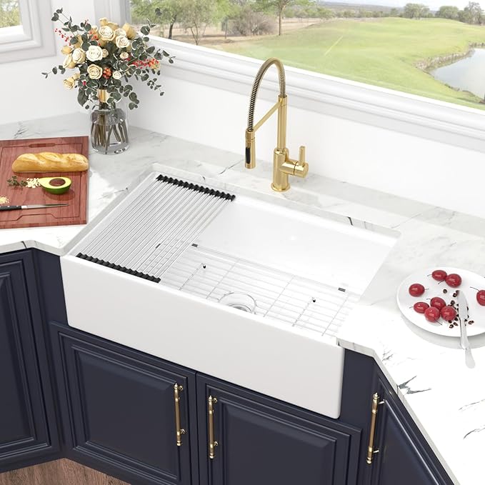 Kichae 33 White Farmhouse Sink Workstation - 33 x 20 Flat Apron Front Farmhouse Kitchen Sink Farm Farmer Porcelain Fireclay Ceramic Ledge Workstation Single Bowl Basin