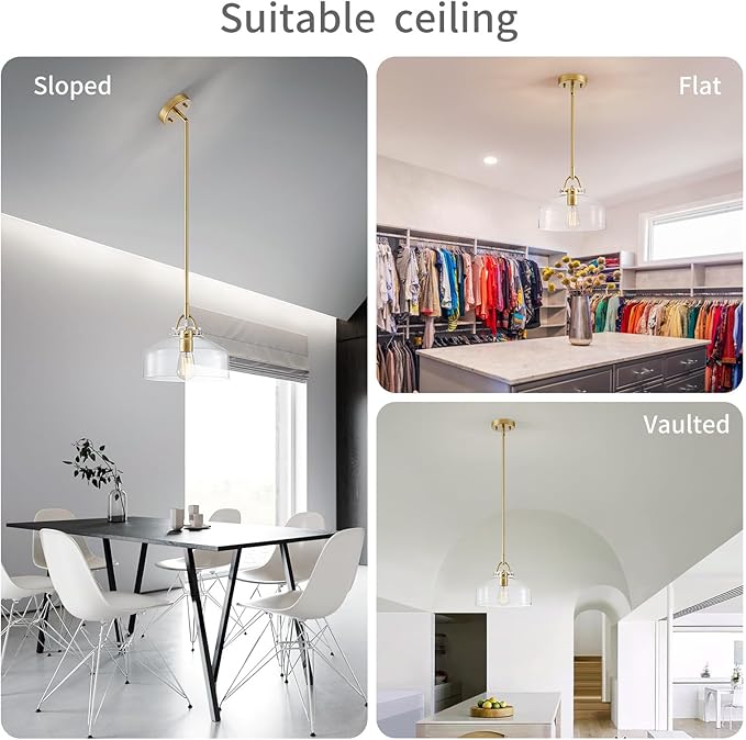 WUZUPS Chandelier Rustic Farmhouse Industrial Round Ceiling Pendant LED Light Fixture with Clear Glass Shades for Dining Room Kitchen Island Foyer Entryway, H 9.4" x W 10.6", E26 Base, Gold