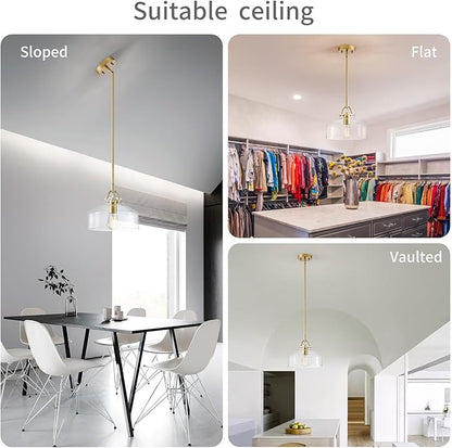 WUZUPS Chandelier Rustic Farmhouse Industrial Round Ceiling Pendant LED Light Fixture with Clear Glass Shades for Dining Room Kitchen Island Foyer Entryway, H 9.4" x W 10.6", E26 Base, Gold