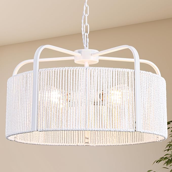 20” Rattan Chandelier, 5-Light Large Hand Woven Boho Chandelier with Fabric Shade, Farmhouse Light Fixtures for Dining Room & Kitchen Island (White, 20")