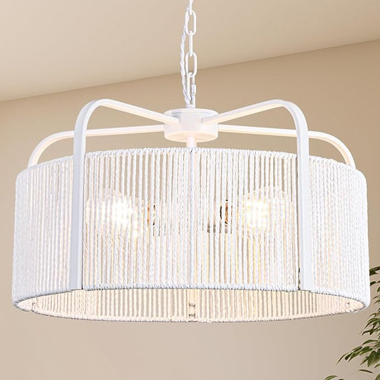 20” Rattan Chandelier, 5-Light Large Hand Woven Boho Chandelier with Fabric Shade, Farmhouse Light Fixtures for Dining Room & Kitchen Island (White, 20")