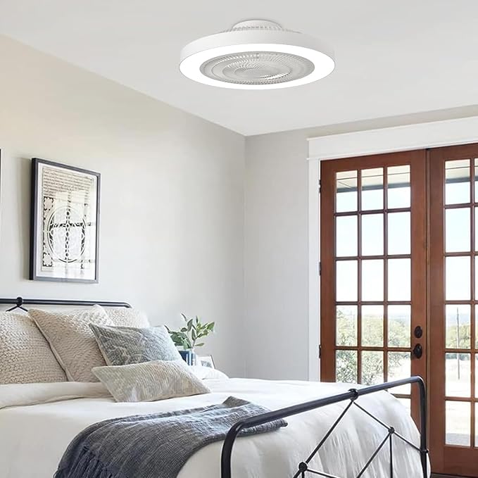 Depuley Modern Ceiling Fan with Light: 19" Bladeless Flush Mount Low Profile LED Ceiling Fans with Remote & Smart APP Control - White Enclosed Fandelier Dimmable Quiet DC Motor for Bedroom Kids Room