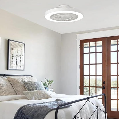 Depuley Modern Ceiling Fan with Light: 19" Bladeless Flush Mount Low Profile LED Ceiling Fans with Remote & Smart APP Control - White Enclosed Fandelier Dimmable Quiet DC Motor for Bedroom Kids Room