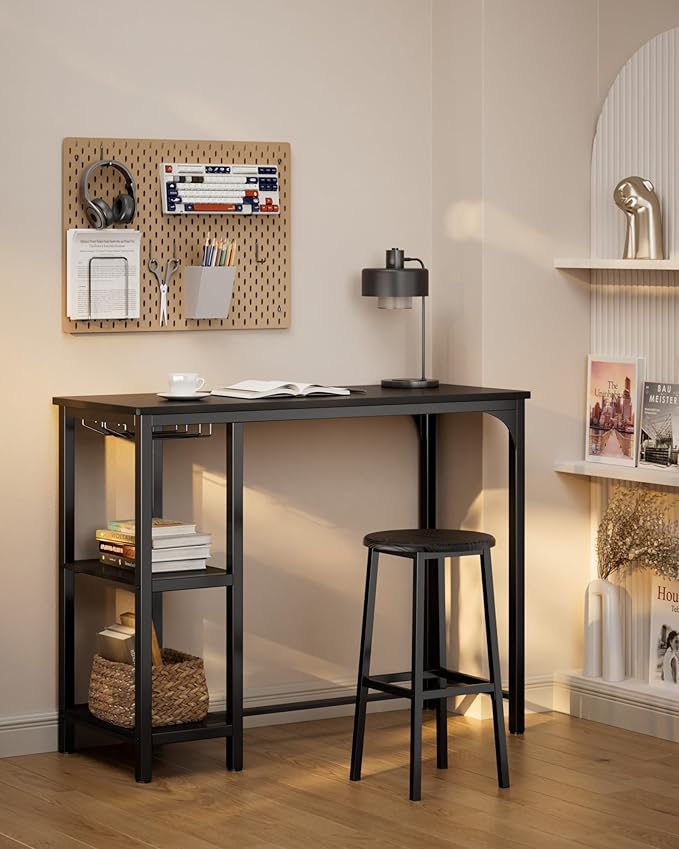 Qsun Small Bar Table Set for 2, Bar Table and Chairs Set for 2, Kitchen Table for 2 with 2 Storage Shelves & Wine Glass Holder, Dining Table for Small Apartment, Dining Room, Black