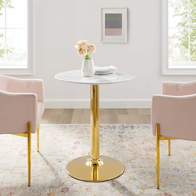 Modway Verne Round Artificial Marble 28" Dining Table in Gold White