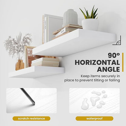 Acovy 24 Inch Floating Shelves, 9.3" Deep Floating Shelf Wall Mounted, 24" Wall Shelves, Rustic Deep Bookshelf, Large Display Shelves & Storage Shelves for Bedroom, Living Room, White, Set of 2