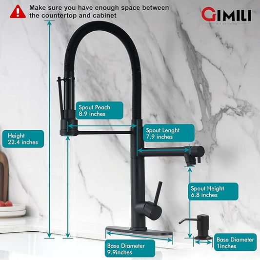 GIMILI Matte Black Kitchen Faucet with Soap Dispenser Commercial Kitchen Faucet with Pull Down Sprayer Double-Headed Single Handle Spring Stainless Steel Kitchen Sink Faucet