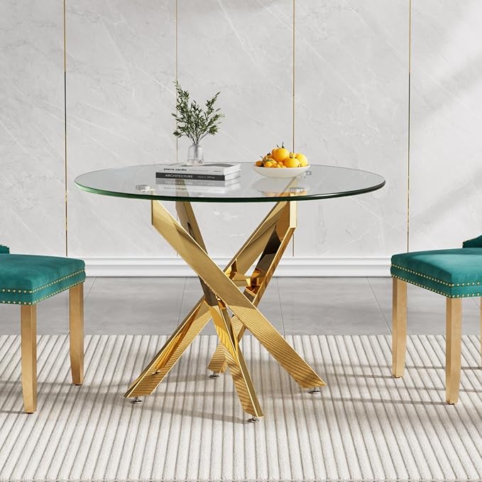 SSLine 35.4" Round Glass Dining Table for 2-4 Modern Circle Glass Tabletop Kitchen Table for 4 Luxury Dinner Tables with Gold Metal Legs for Home Kitchen Dining Room(Table Only)