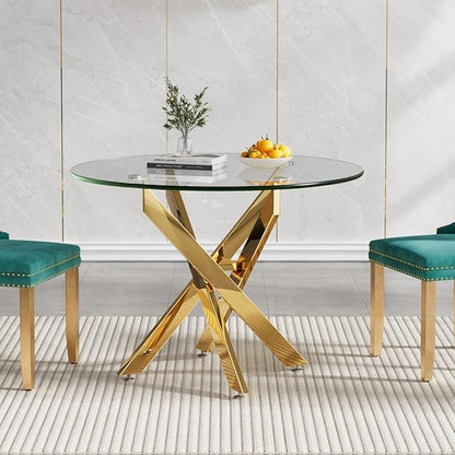 SSLine 35.4" Round Glass Dining Table for 2-4 Modern Circle Glass Tabletop Kitchen Table for 4 Luxury Dinner Tables with Gold Metal Legs for Home Kitchen Dining Room(Table Only)