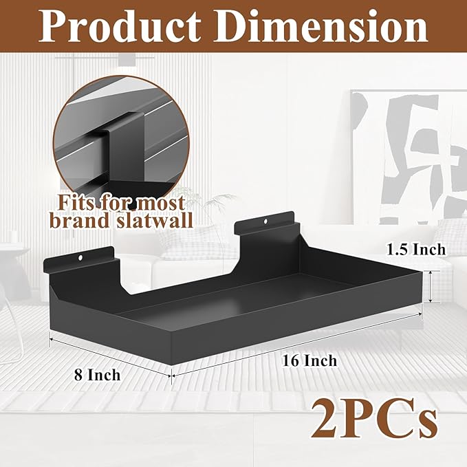 2 Pcs 16X8 Inch Slatwall Shelves, Heavy Duty Slatwall Baskets, Metal Slat Wall Shelves Accessories, Metal Retail Display for Storage and Organization, Black
