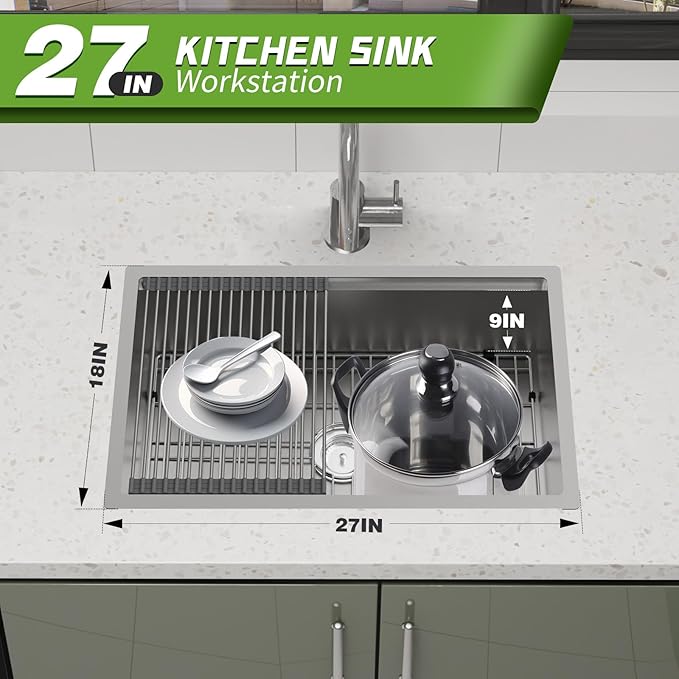 Kitchen Sink Workstation, 27x18 Inch Stainless Steel Drop In Kitchen Sink Modern Undermount Single Bowl Kitchen Sink Gift Combo-SS Grid,Drying Rack,Cutting Board,Sink Clip, Drain Strainer Set