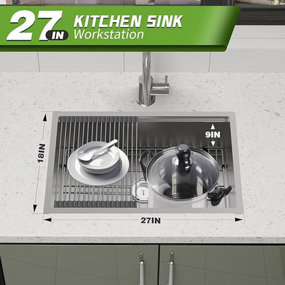 Kitchen Sink Workstation, 27x18 Inch Stainless Steel Drop In Kitchen Sink Modern Undermount Single Bowl Kitchen Sink Gift Combo-SS Grid,Drying Rack,Cutting Board,Sink Clip, Drain Strainer Set