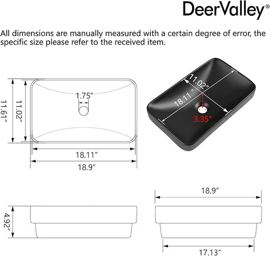 DeerValley Matte Black Semi-Recessed Rectangle Vessel Sink 18.9x11.61 Inch, Above Counter Ceramic Vanity Basin for Modern Bathroom Decor