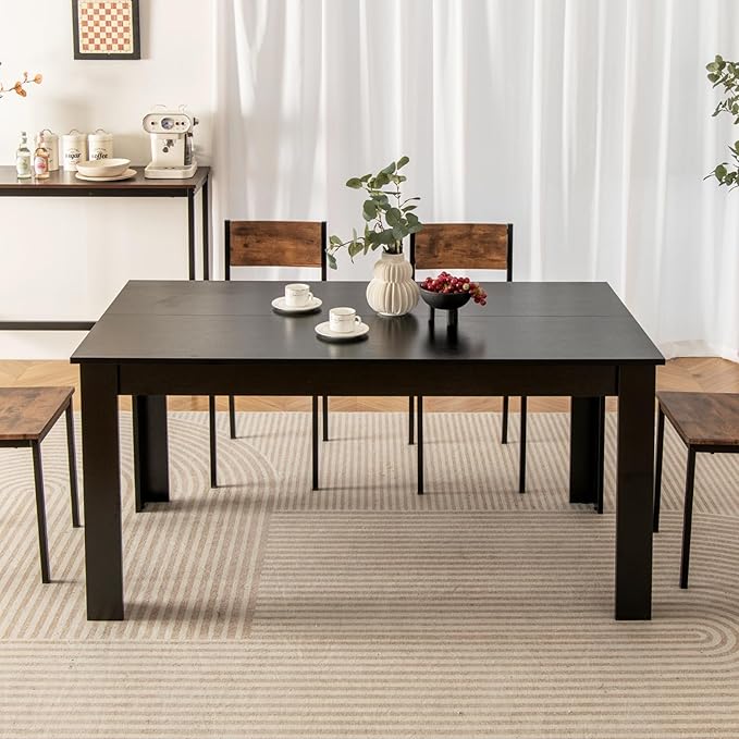 63-Inch Dining Table for 4-6 People, Rectangular Wooden Kitchen Table, L-Shaped Legs, 330 LBS Weight Capacity, Modern Farmhouse Dinette Table for Restaurant, Living Room, Family (Black)