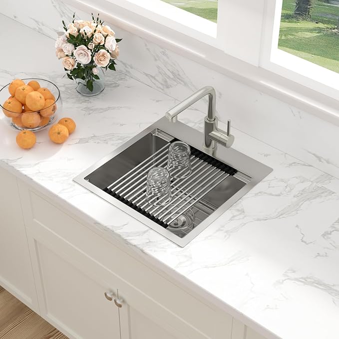Sarlai Drop In Kitchen Sink 18 Inch Bar Sink Small Drop In Workstation 18x18 Inch Topmount Stainless Steel 16 Gauge Single Bowl Bar Prep RV Outdoor Sinks Basin with Assessories