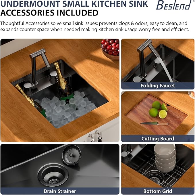 13 Inch Outdoor Undermount Bar Sink With Faucet and Cover - Beslend 13x15x9 Undermount Kitchen Sink Workstation 16 Gauge Stainless Steel Single Bowl Sinks Under Counter Indoor Outdoor Black
