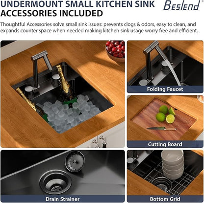 13 Inch Outdoor Undermount Bar Sink With Faucet and Cover - Beslend 13x15x9 Undermount Kitchen Sink Workstation 16 Gauge Stainless Steel Single Bowl Sinks Under Counter Indoor Outdoor Black