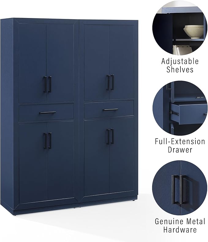 Crosley Furniture Isla 2-Piece Modern Kitchen Storage Pantry Cabinet Set with Shelves, Dining, Laundry Room, Navy