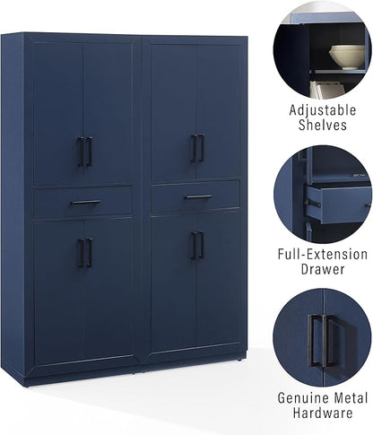 Crosley Furniture Isla 2-Piece Modern Kitchen Storage Pantry Cabinet Set with Shelves, Dining, Laundry Room, Navy