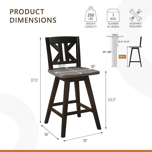 Lexicon Counter Height Stools Set of 2-Solid Wood Frame 360° Swivel Wooden Stools, Foot Rest, KK Back, Wide Seat, Distressed Farmhouse Easy to Clean Finish, 24" SH, Antique Black/Grey