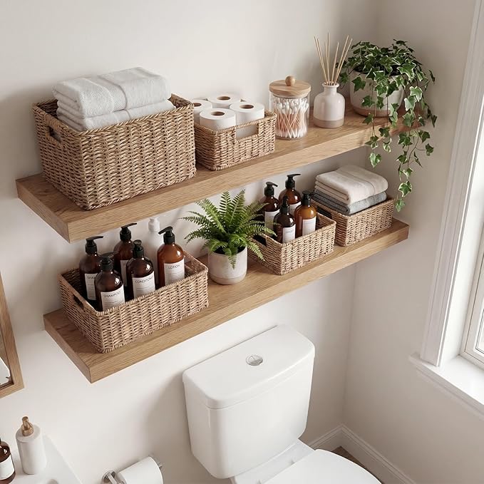 INHABIT UNION Oak Floating Shelves Set of 2，35.43in Wall Mounted Display Ledge Shelves for Bedroom, Bathroom, Living Room and Kitchen Decoration Storage